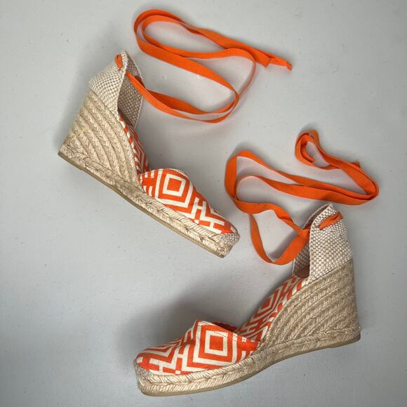 Tory Burch Orange Geometric Lace Up Espadrille Wedge Size 9 - Picture 10 of 11
